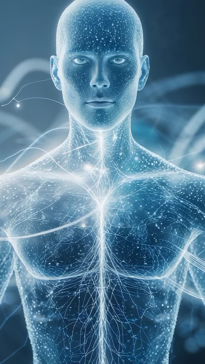 Vertical video: Opening figure pulsing light through neural pathways in data matrix for energy flow