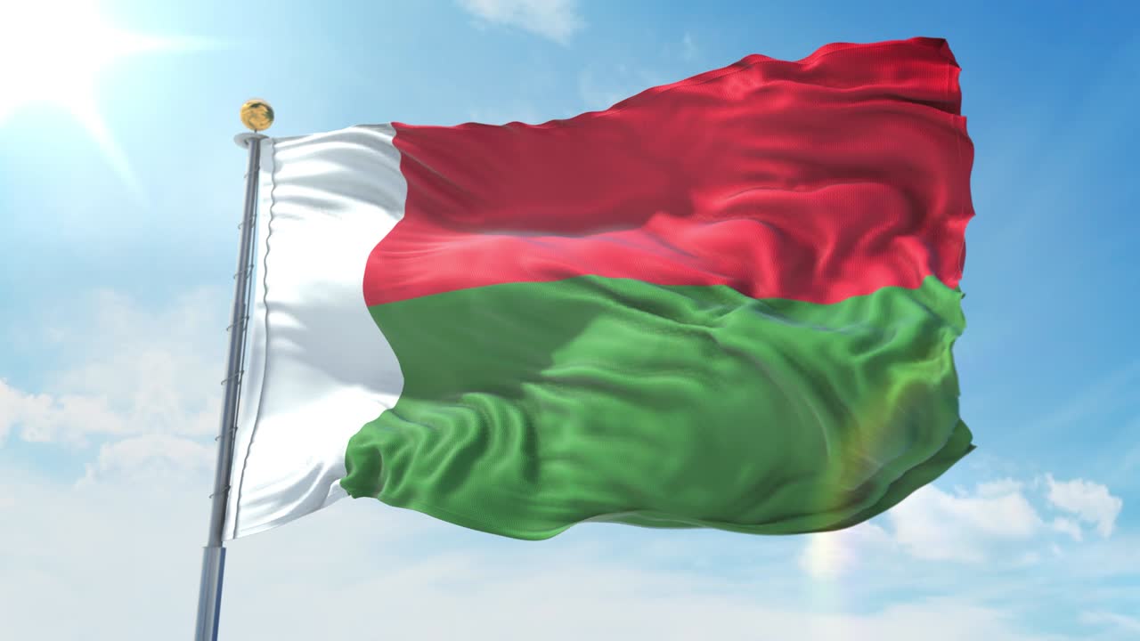 Madagascar flag waving in the wind against deep blue sky. National theme, international concept. 3D Render Seamless Loop 4K