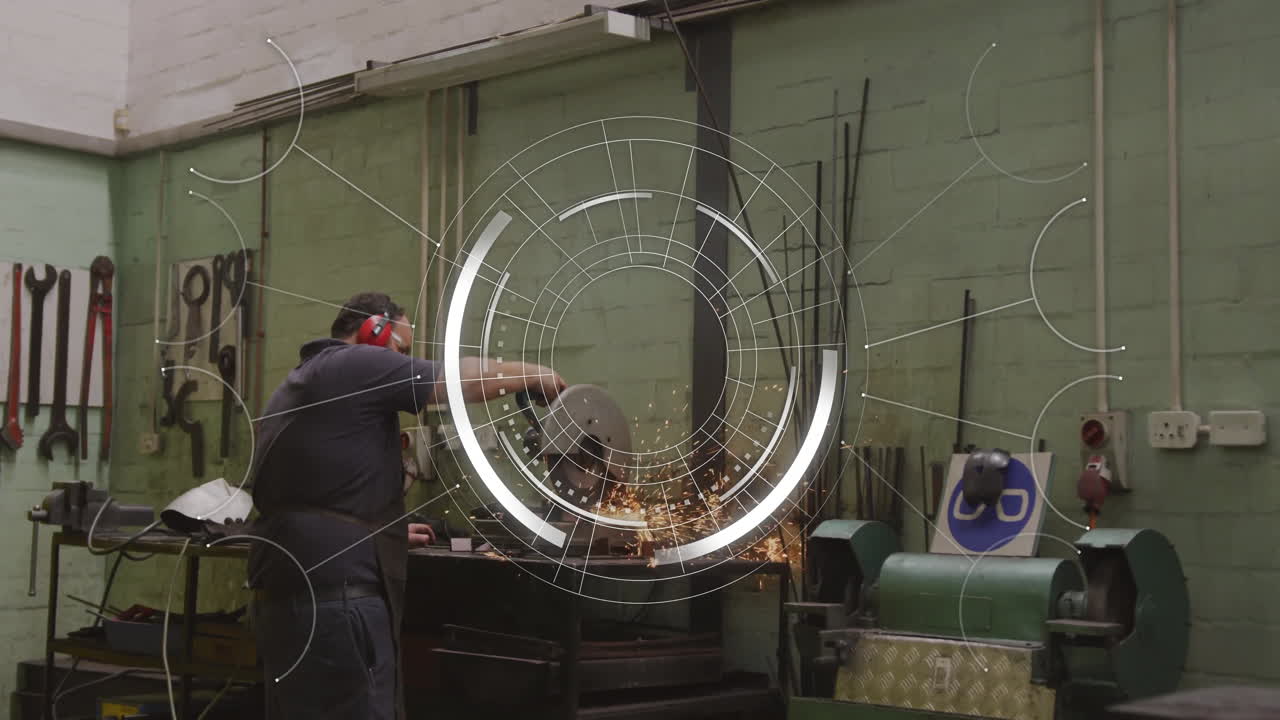Man operating bench grinder in industrial workshop displaying safety icon overlay and spark effects