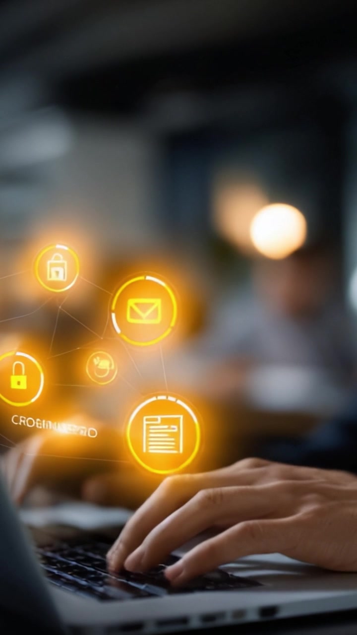 Engaging in Digital Communication with Emphasis on Security Features Illustrated Through Iconic Symbols and Interactivity in a Modern Workspace Setting