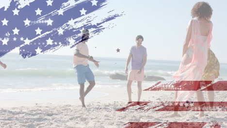 animation of flag of usa over happy diverse friends on beach in summer