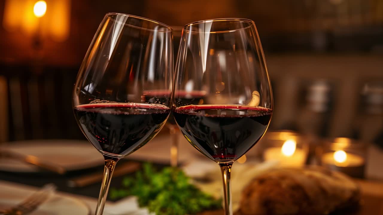Cambio de cámara mostrando dos copas de vino tinto en un comedor acogedor, con hogaza de pan, hierbas y velas