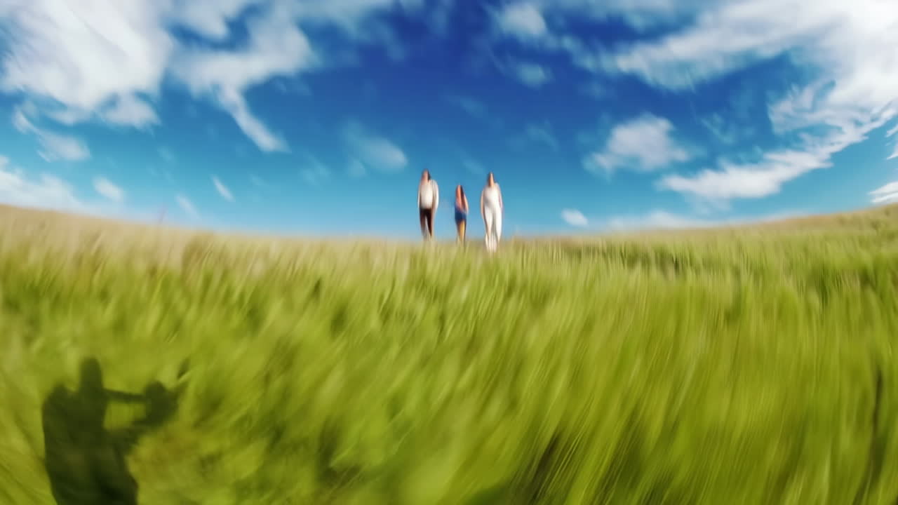 Dynamic wide-angle view of people walking on a vibrant green hill