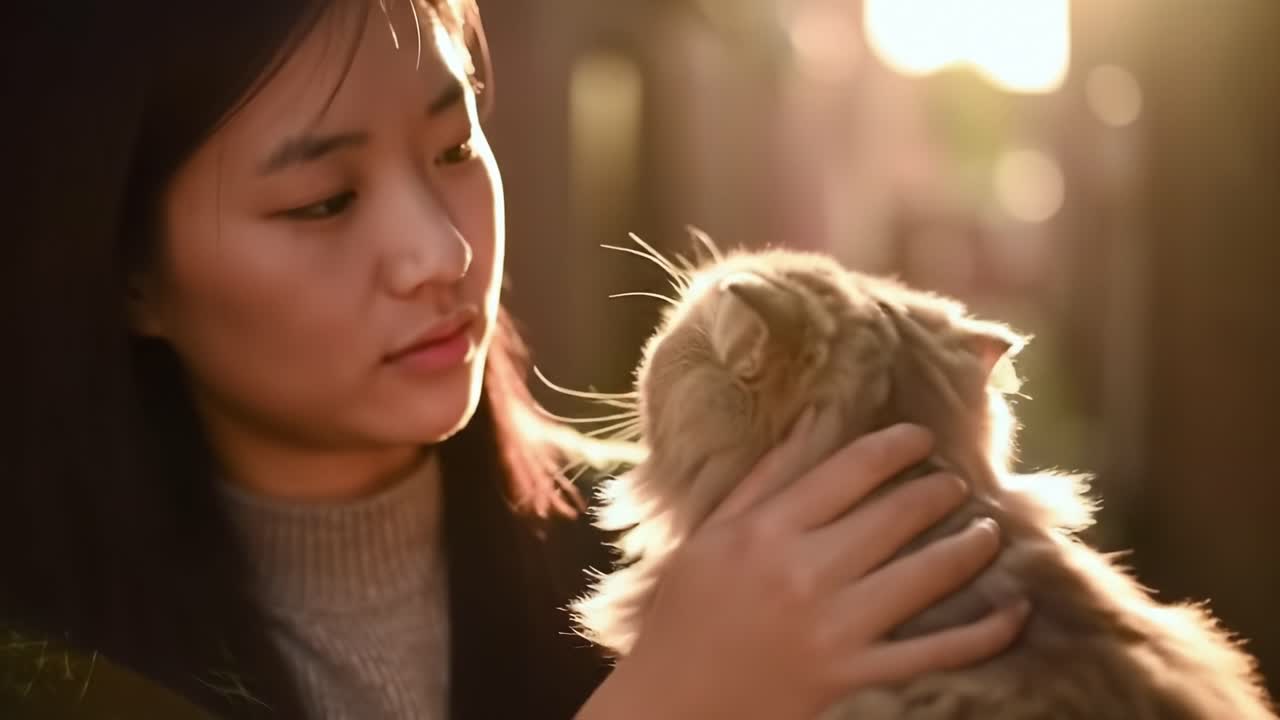 A Heartwarming Connection: A Woman Cares for Her Beloved Fluffy Cat in a Warm Sunset Glow, Showcasing the Beauty of Their Bond in a Tranquil Moment