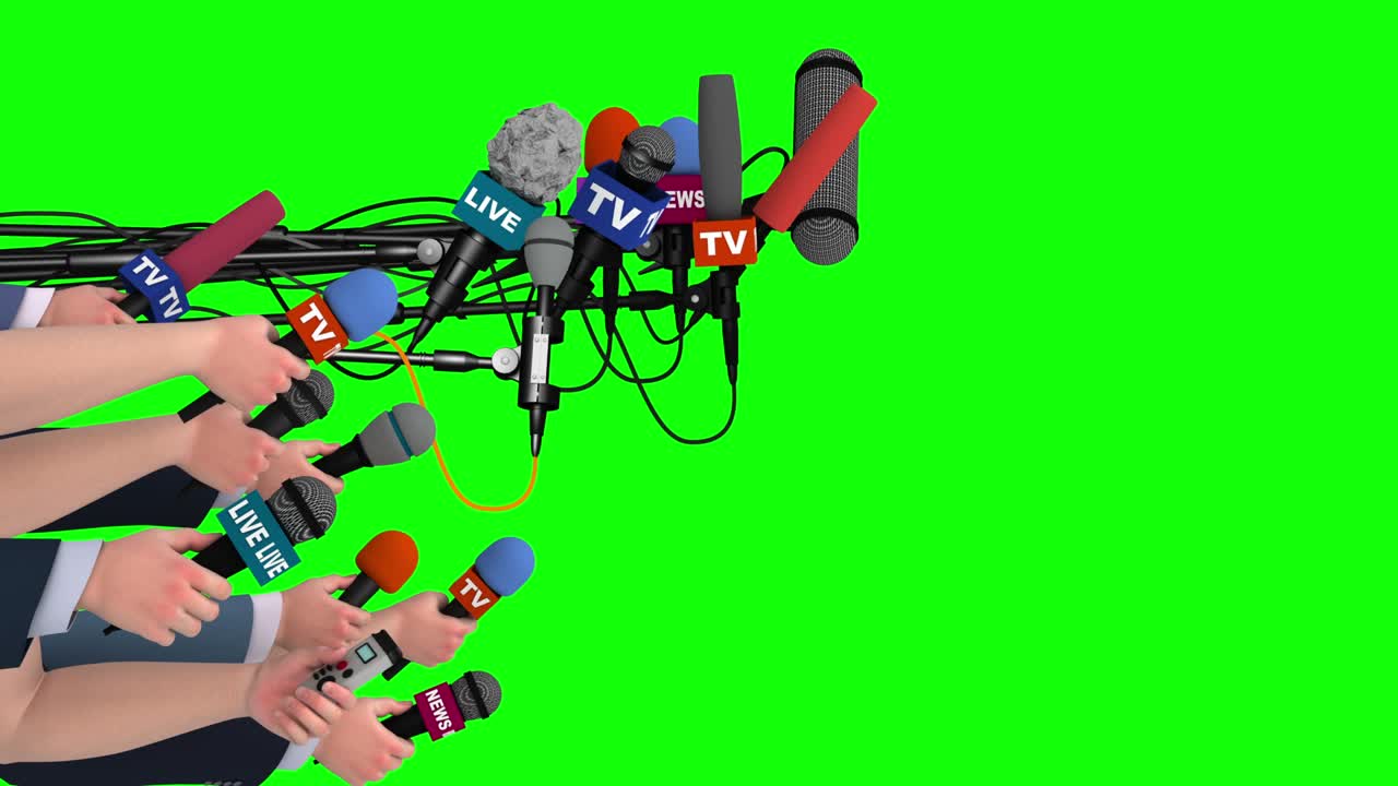 Boom pole microphones and hands with mics on green screen, side view, 3D