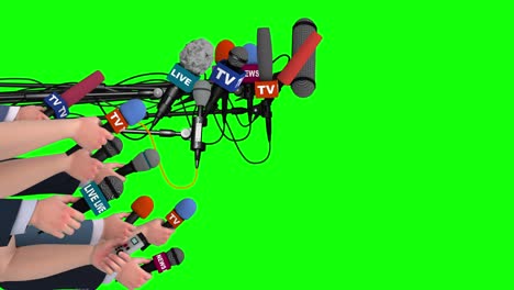 boom pole microphones and hands with mics on green screen, side view, 3d