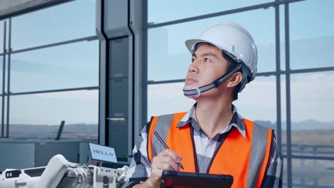 primer plano de un ingeniero asiático con casco de seguridad de pie en una fábrica de alta tecnología, analizando el concepto de la máquina robótica. tomando nota en la tableta y mirando a su alrededor