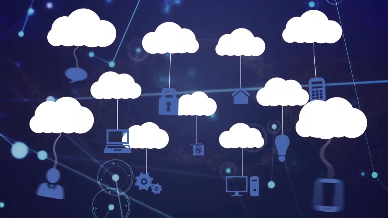 Animation of digital clouds with electronic devices over human brain, dna strand and connections