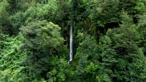 aerial orbit of a waterfall hidden among the trees in the cochamo valley, chile