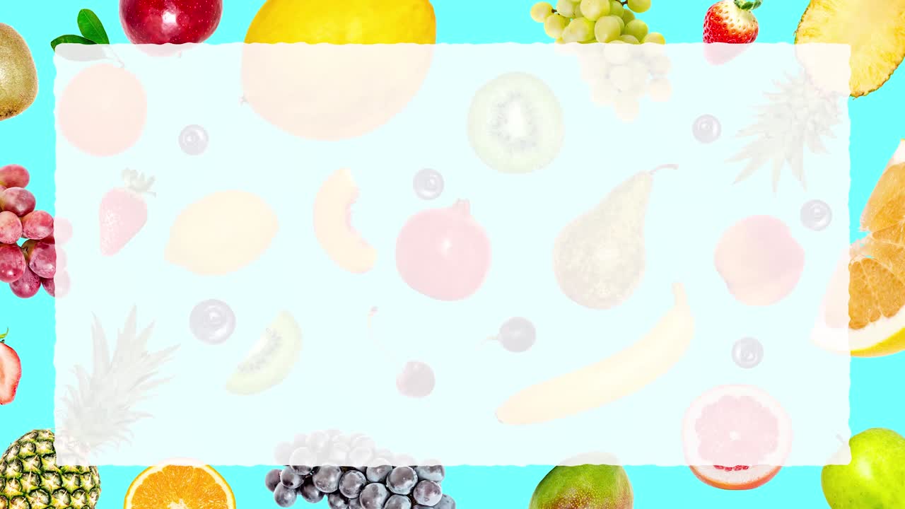 animación de video stop motion creativa de muchas frutas exóticas tropicales brillantes diferentes que aparecen y desaparecen rápidamente en un fondo azul de verano, pedazo de papel para el texto que aparece en el centro.