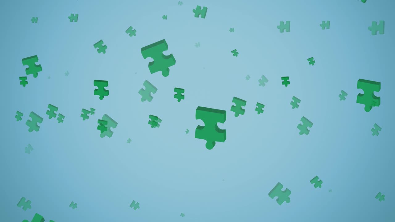 animación de piezas verdes del rompecabezas que caen sobre un fondo azul