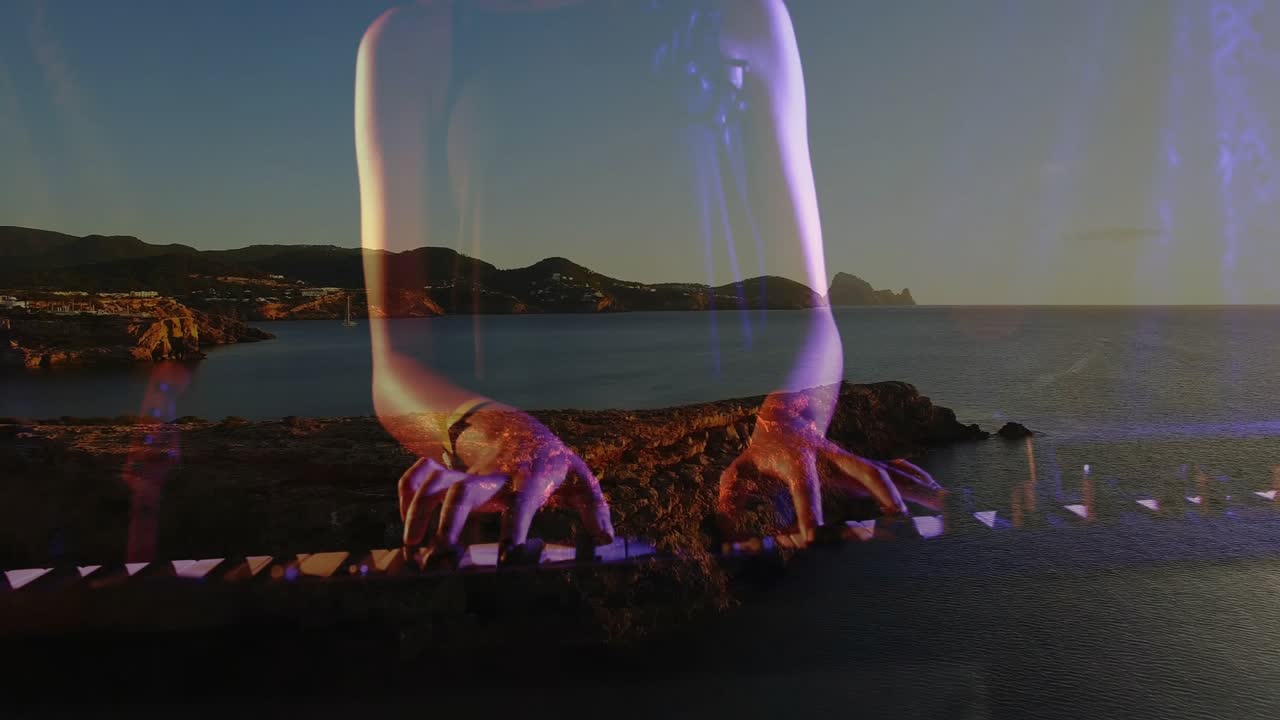 Split screen overlay guiding keyboardist performing music on dusk coast merging vocals with scenery