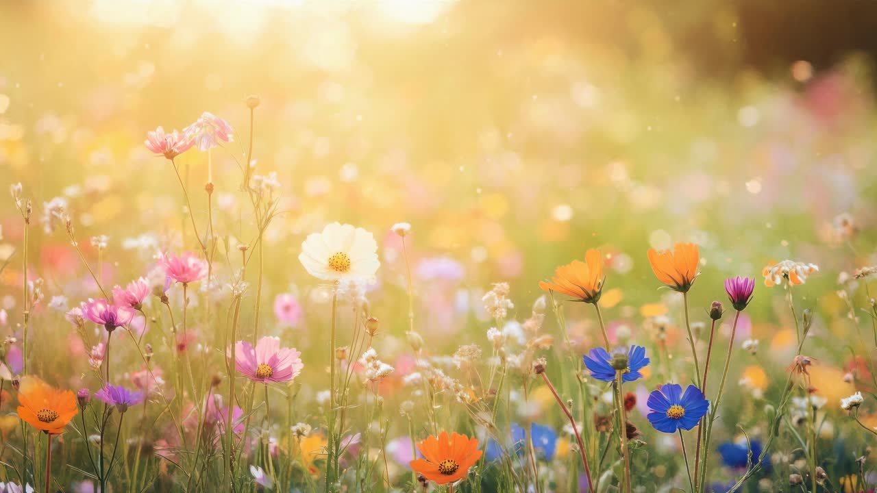 A dreamy, low-angle video shot of a vibrant wildflower meadow in soft focus, capturing the warm glow