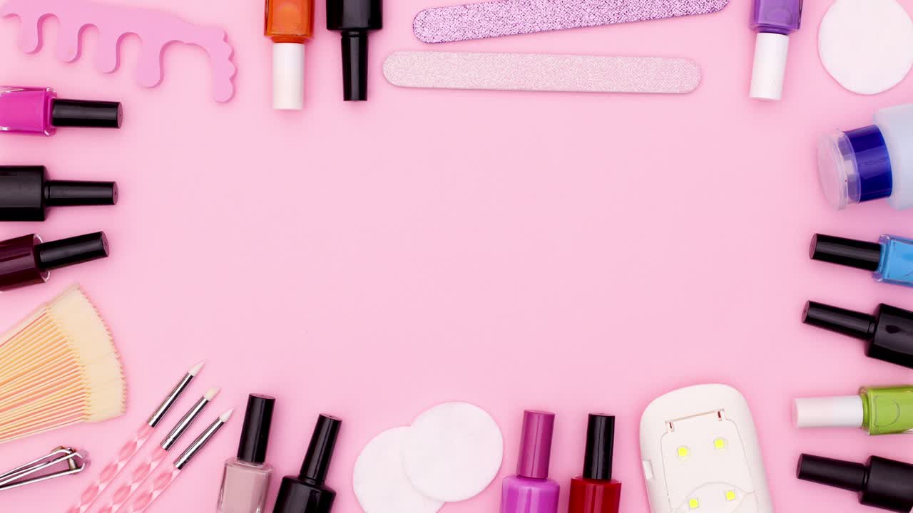 Manicure and pedicure tools frame for text or logo on pastel pink theme. Stop motion