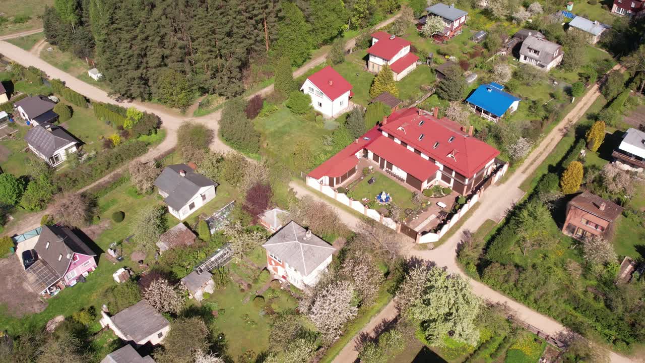 Aerial View of Rural Residential Area with Houses and Forest