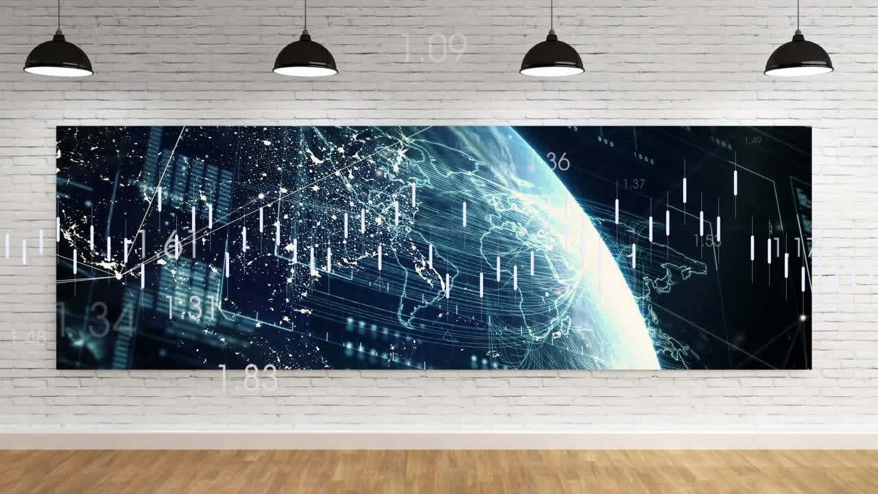 Animation of hanging lights over screen with data processing against brick wall at office