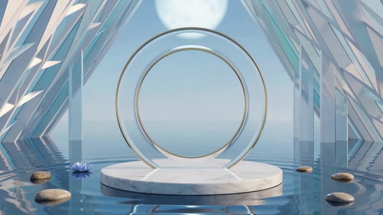 Cirkulær glasringstruktur centreret på en marmorplatform omgivet af vandrefleksioner i et rent futuristisk miljø.