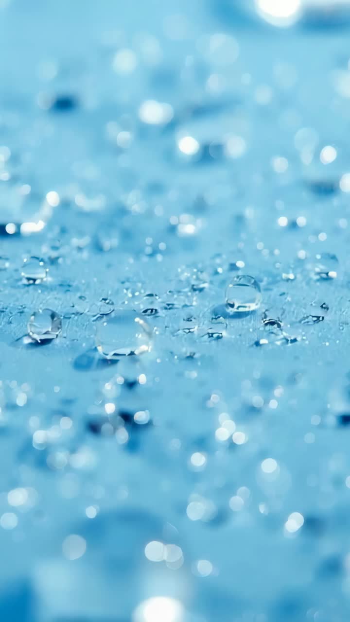 Video verticale: macchina da presa a cremagliera su una superficie di tessuto blu che rivela una grande goccia d'acqua che mostra il bokeh
