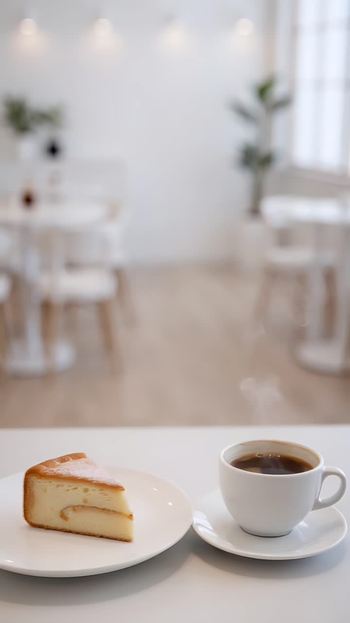 Kake og kaffe i en estetisk kafé med koselig atmosfære 4K