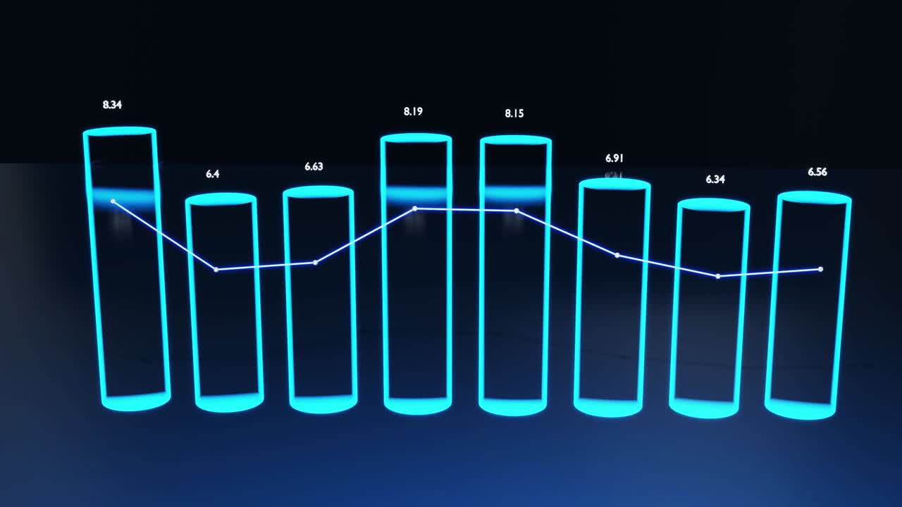 Hologram, beautiful bg with abstract infographics. Holographic bars, counters and graph. 3d columns smoothly move up and down in loop. Financial background of columns and graph for analytical programs