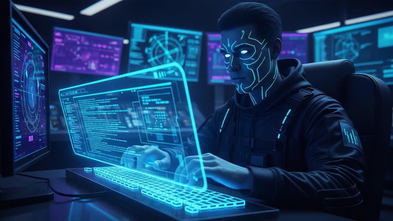 A Futuristic Cybersecurity Specialist Engaged in High-Tech Programming, Surrounded by Advanced Monitors and Utilizing Innovative Holographic Technology