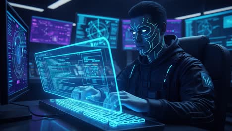 a futuristic cybersecurity specialist engaged in high-tech programming, surrounded by advanced monitors and utilizing innovative holographic technology
