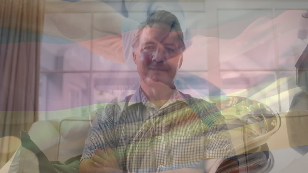 Animation of caucasian man over caucasian male doctor with gloves