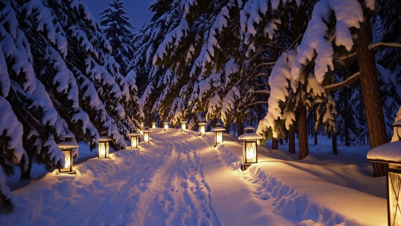 Snow-covered pathway illuminated by glowing lanterns, surrounded by tall evergreen trees, creating a serene winter atmosphere with enchanting light reflections