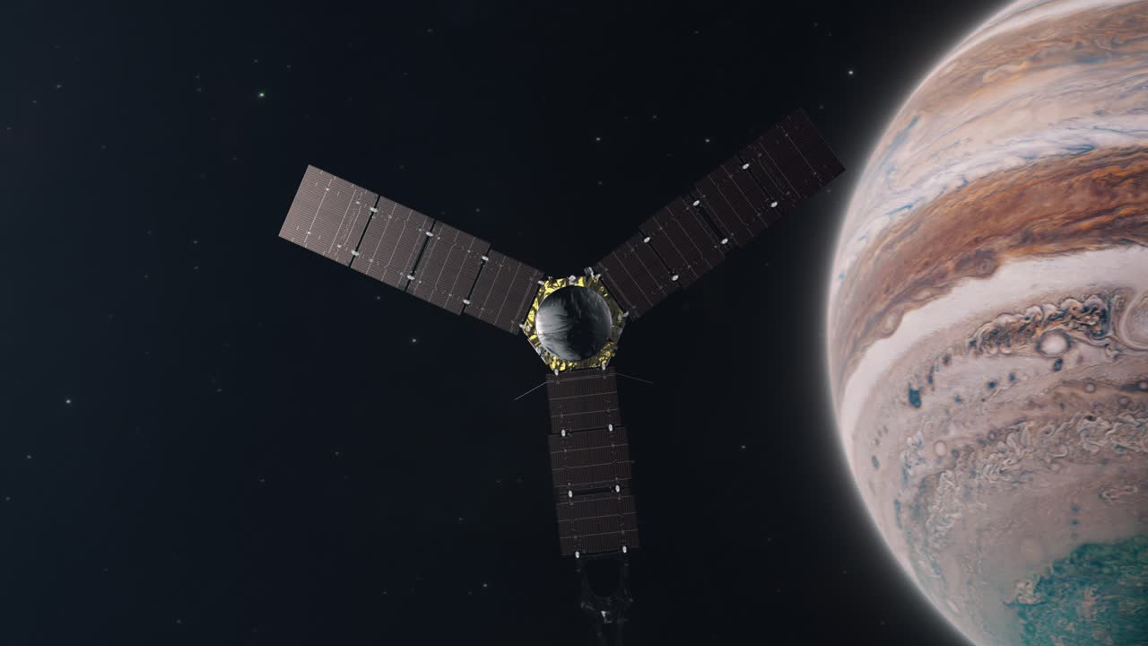 sonda espacial juno sobrevolando júpiter y dirigiéndose hacia la luna de ganímedes