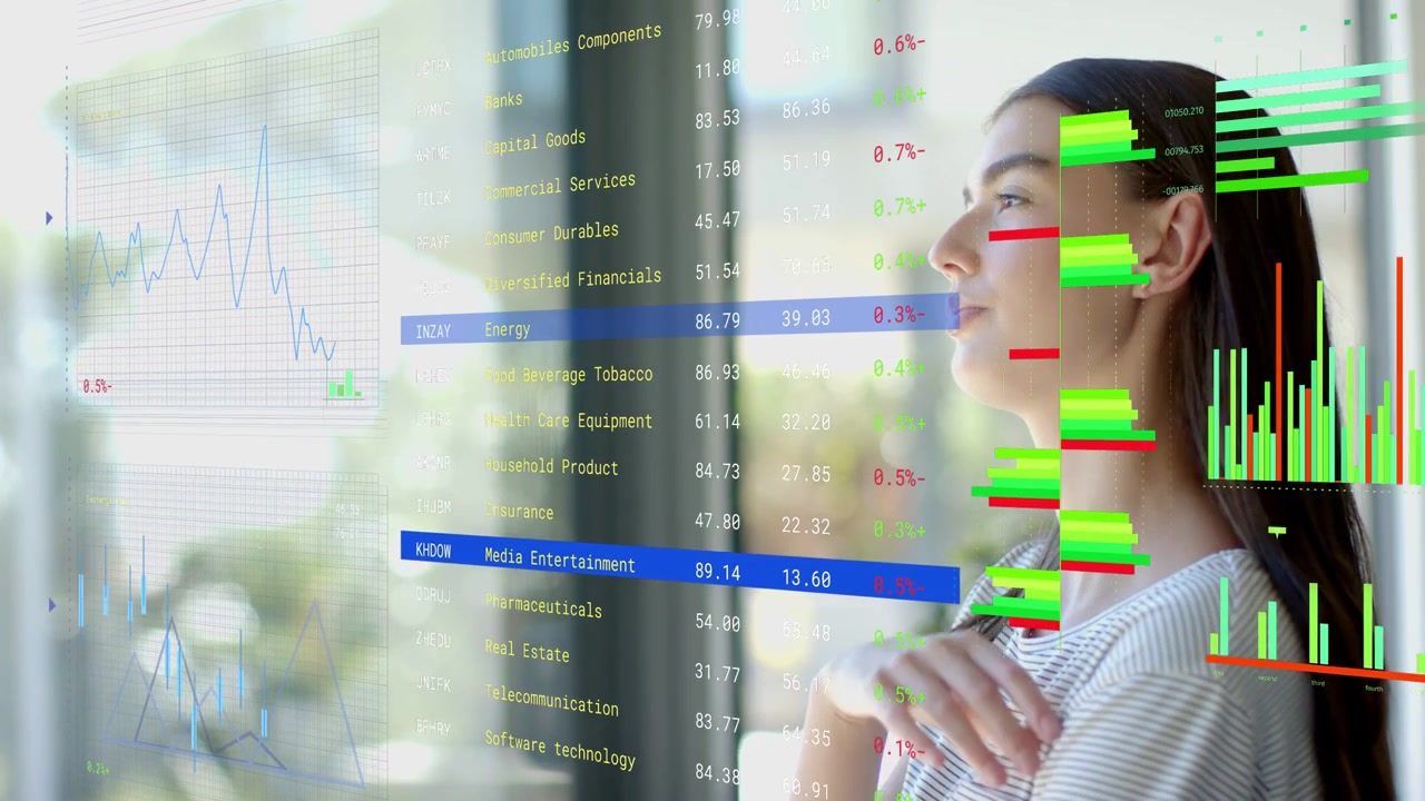 Analyst watching finance AR overlays as data appears on glass, tracking sectors and deciding moves