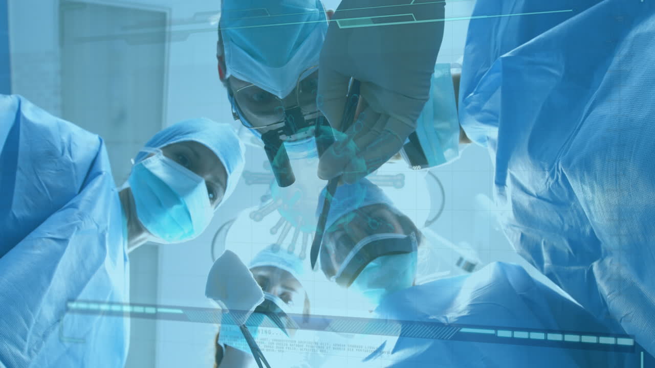 코로나 19 세포의 애니메이션 얼굴 마스크를 입은 외과 의사들