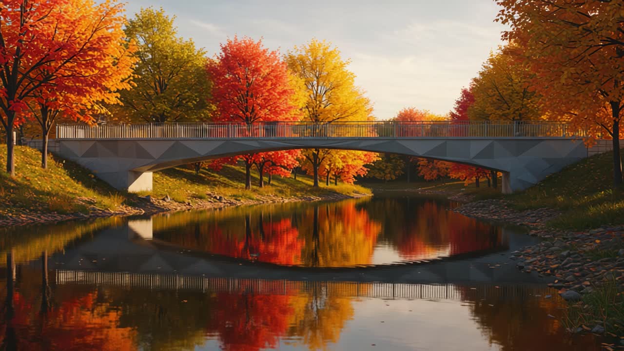 Vibrant Autumn Scene: A Bridge Reflecting Fall Colors in a Serene Waterway Surrounded by Golden and Red Maple Trees