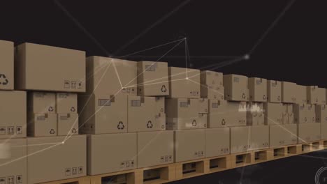 Animation-of-network-of-connections-over-boxes-on-conveyor-belts-in-warehouse