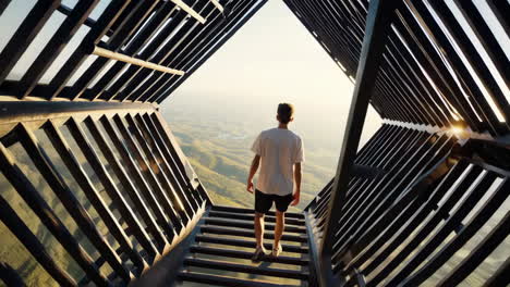person ascending modern geometric stairs towards light