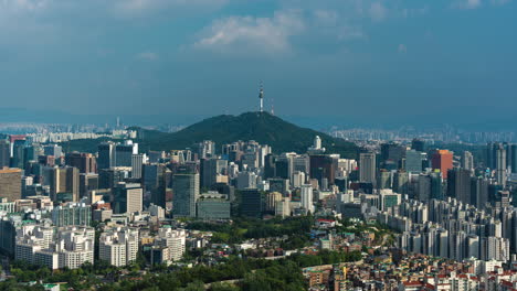 hyperlapse of seoul cityscape with a view of seoul namsan tower and city business district with many high-rise skyscraper office buildings