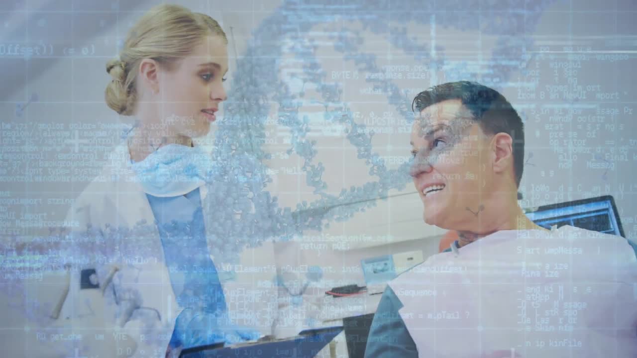 animación del hilado de cadenas de adn y procesamiento de datos sobre una dentista y una paciente caucásica