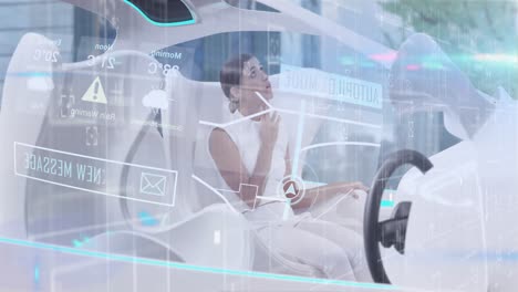 Animation-of-data-processing-over-woman-in-self-drive-car