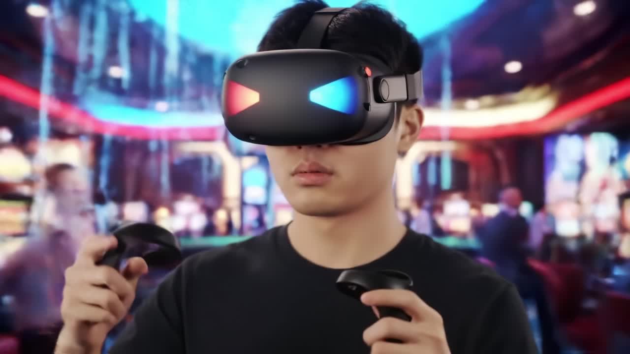 Exploring Virtual Reality: A Young Man Engages with a Cutting-Edge VR Gaming Experience in a Vibrant Casino Environment Filled with Slot Machines and Neon Lights