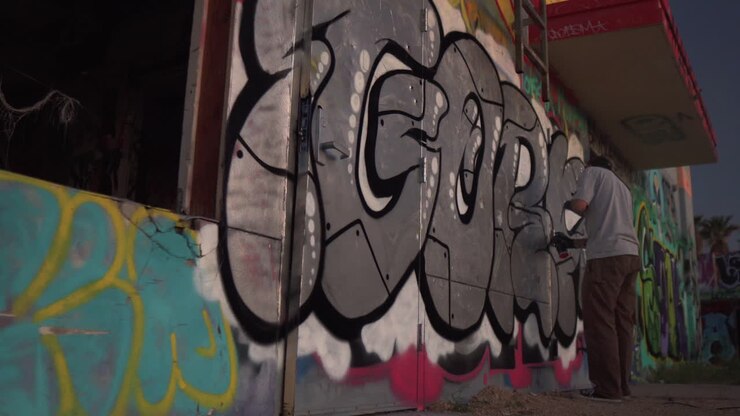 Artista di graffiti al lavoro su un muro di un edificio