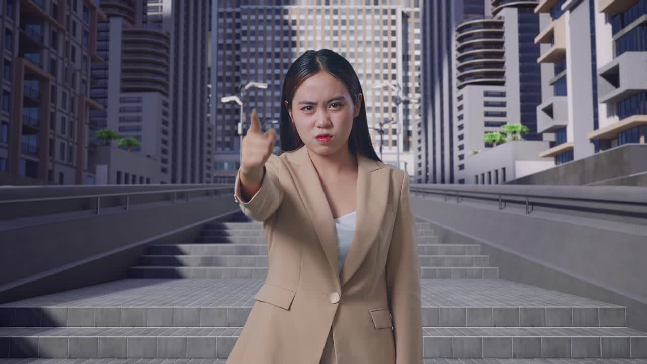 분노한 사업가 여성이 손가락을 가리키고
