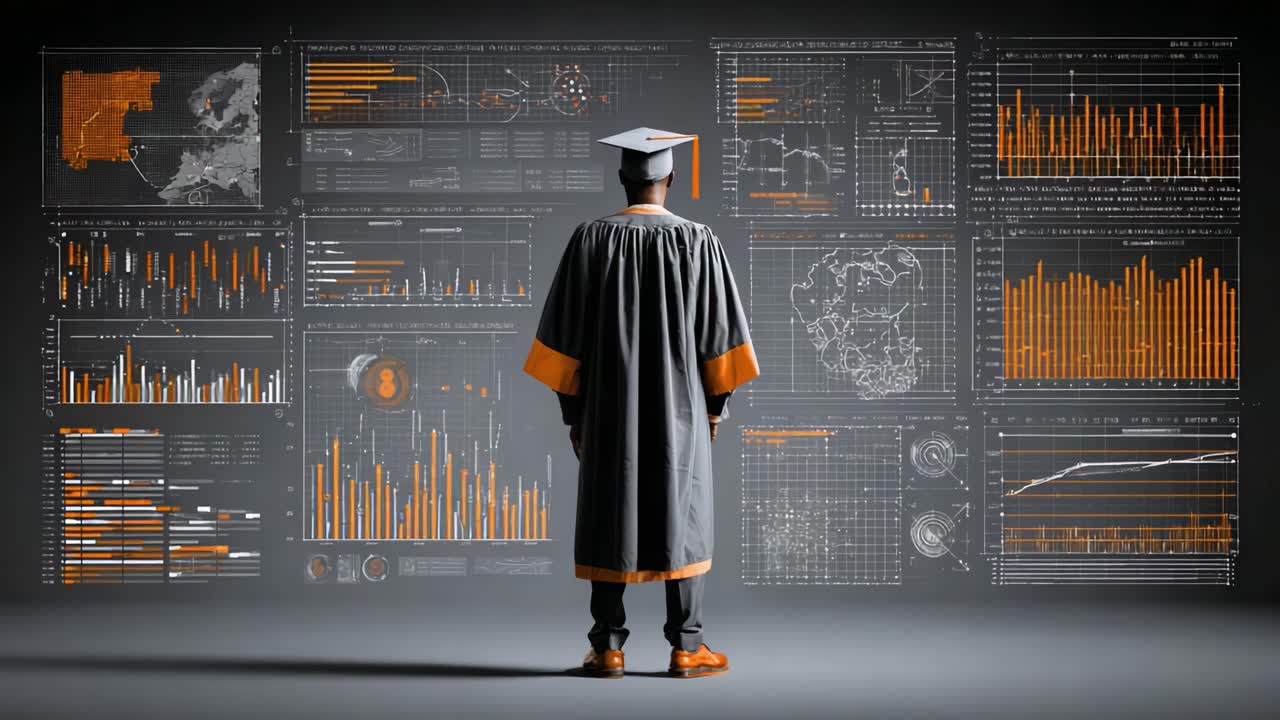 Graduation and Data Analytics: A Graduate Explores Advanced Metrics and Trends in a High-Tech Academic Environment Filled with Data Visualization Displays
