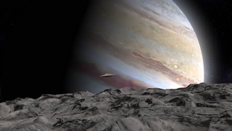 ovnis sobre júpiter y montañas en el espacio