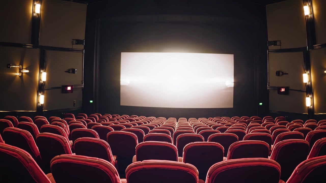 Sala Cinematografica Vuota con Poltrone Rosse e Schermo Luminoso