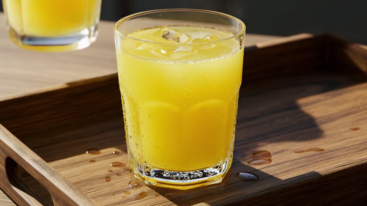 Refreshing Yellow Drink Displayed in Crystal Glass on Wooden Tray: A Perfect Beverage for Quenching Thirst and Enjoying Bright, Sunny Days with Friends or Family