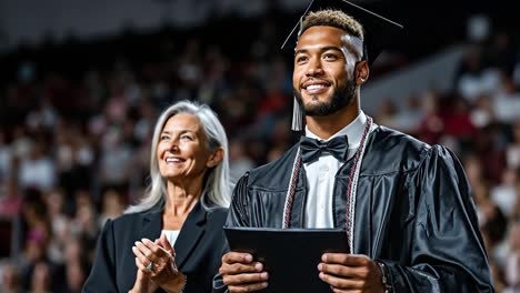 A man in a graduation cap and gown holding a tablet computer