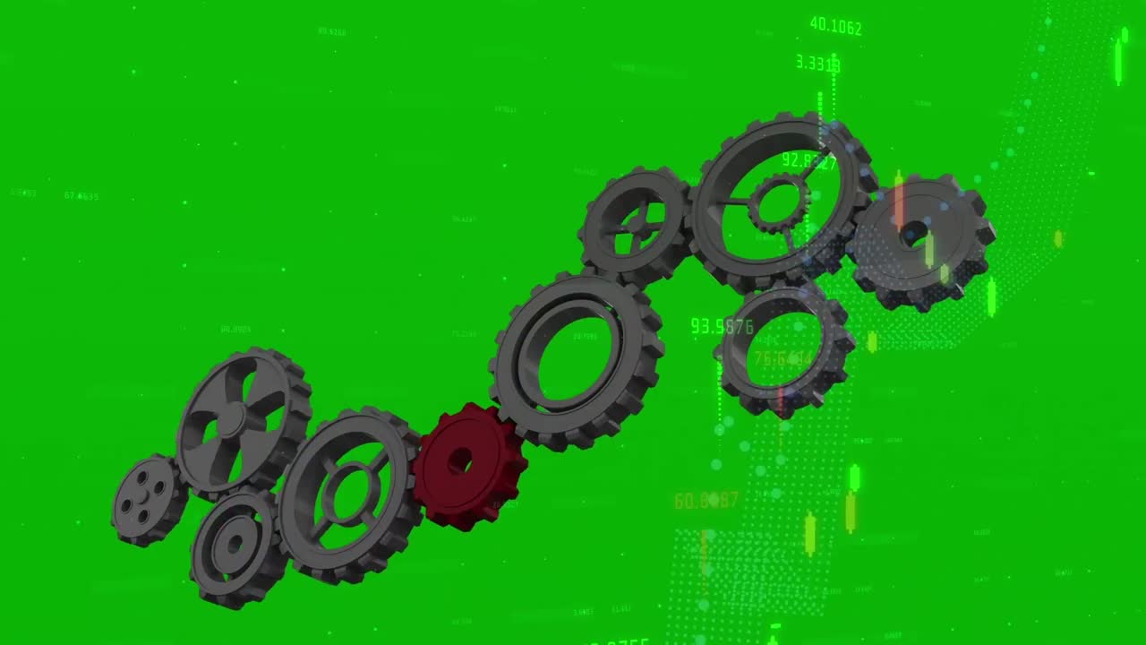 Animation of gears rotating over data on green background