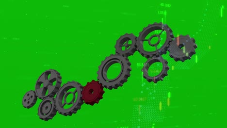 Animation-of-gears-rotating-over-data-on-green-background