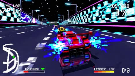 neon lit pixel art racing track featuring red car speeding ahead, leaving blue trails while yellow car pursues, capturing competitive retro gaming dynamic with intense motion and vibrant energy