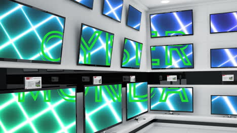 animation of cyber monday text displayed across multiple flat screen tvs in shop display