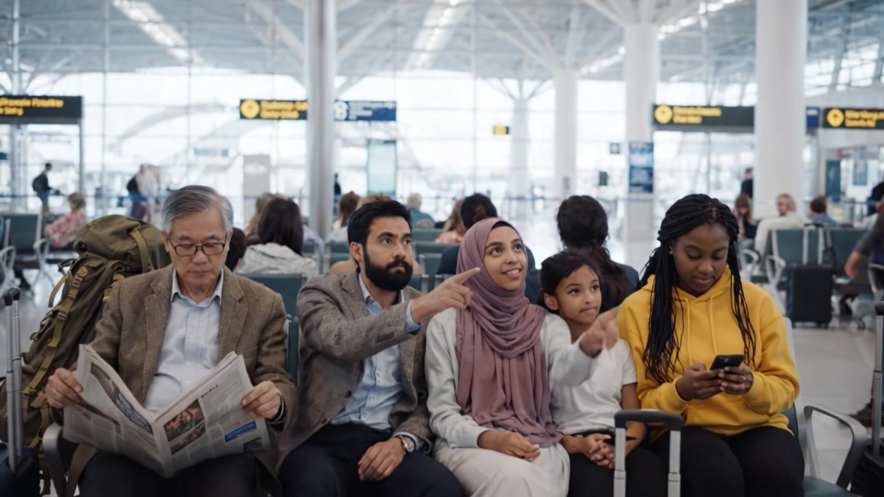 Busy Airport Scene with Departure Boards and Travelers Awaiting Their Flights at the Terminal, Showcasing Diverse Group of Passengers Sitting and Relaxing